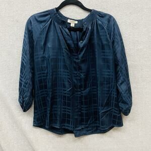 Tucker for Target Navy Blue Women's Satin Plaid 3/4 Sleeve Blouse Sz Small